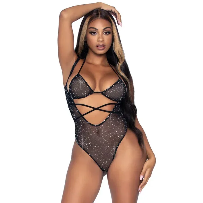 2 Pc. Rhinestone Wrap Around Bikini Top and Suspender Bodysuit – One Size – Black