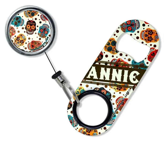 Add Your Name – Mini Bottle Opener with Retractable Reel – Mexican Skulls