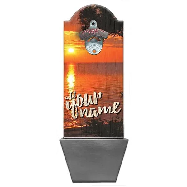 Custom Wooden Bottle Opener with Cap Catcher – Orange Sunset