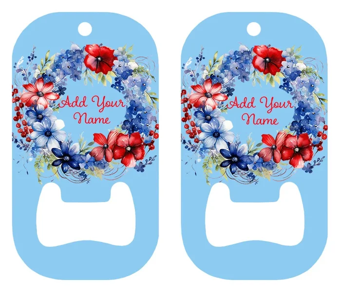 Customizable Dog Tag Bottle Opener – Add Your Name – Red White and Blue Flower