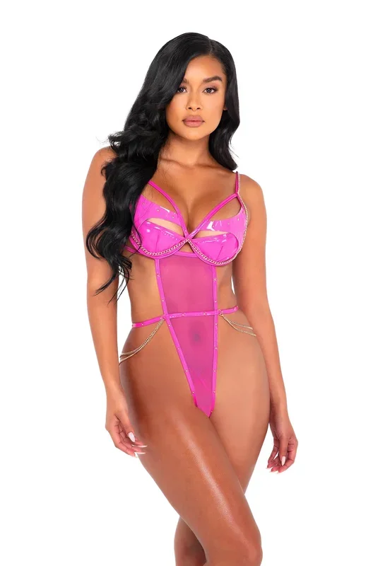 LI529 – Glamonatrix Stretch Vinyl Lingerie & Fishnet Teddy