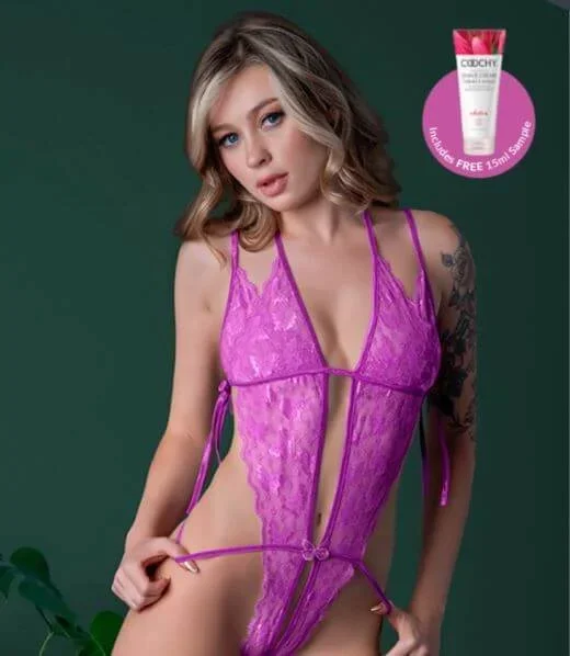 Magic Silk Butterfly Fantasies Peek-a-Boo & Crotchless Teddy Neon Purple L/XL