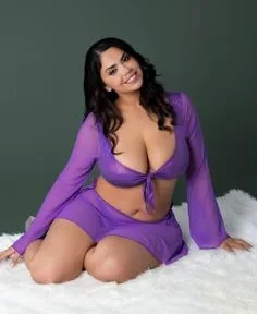 Magic Silk Glimmer LS Crop Top, Mini Skirt & Tie Side Thong Purple Disco Queen Size