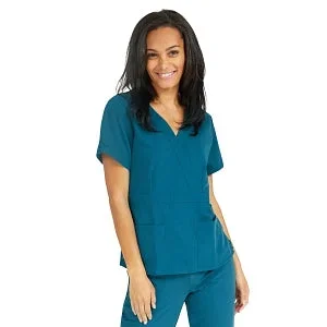 Medline Park Ave Women’s Stretch Fabric Mock Wrap Scrub Top with Pockets – Park ave Women’s Mock Wrap Scrub Top with 2 Pockets, Size L, Caribbean Blue – 5587CRBL