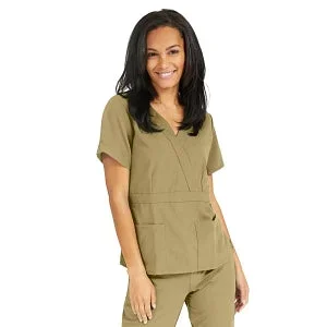 Medline Park Ave Women’s Stretch Fabric Mock Wrap Scrub Top with Pockets – Park ave Women’s Mock Wrap Scrub Top with 2 Pockets, Size XXS, Khaki – 5587KHKXXS