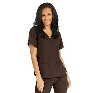 Medline Park Ave Women’s Stretch Fabric Mock Wrap Scrub Top with Pockets – Park ave Women’s Mock Wrap Scrub Top with 2 Pockets, Size L, Chocolate – 5587CHCL