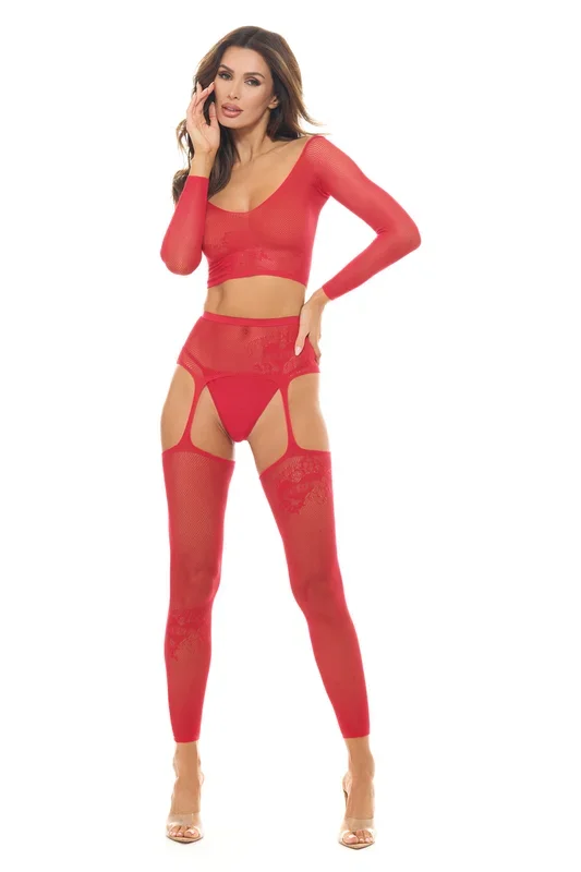 Permanent Mark Long Sleeve Top and Garter Bodystocking Red – Os