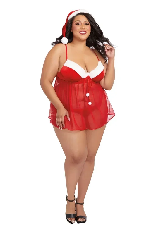 Santa Babydoll, Thong and Hat – 1x – Lipstick Red