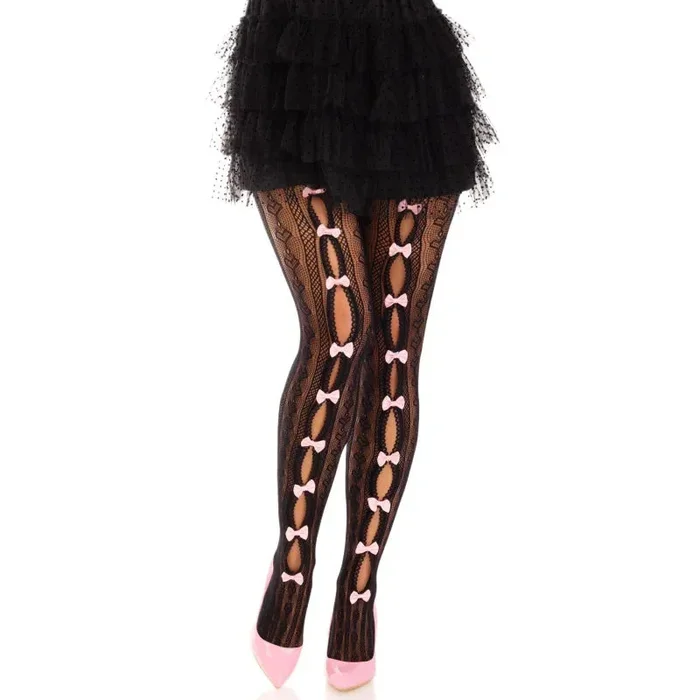 Sweetheart Striped Net Tights With Keyhole and Mini Bow Detail – One Size – Black